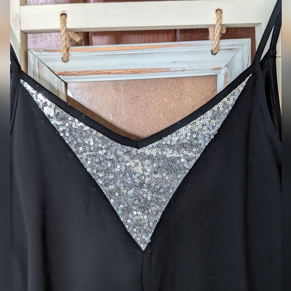 Black Sequin-Trim Spaghetti Strap Women's Top Size Medium - Picture 3 of 5